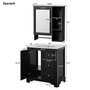 English Elm 30-inch bathroom vanity mirror cabinet set with ceramic sink, solid wood build, 3 drawers & shelves Black SV000028AAB