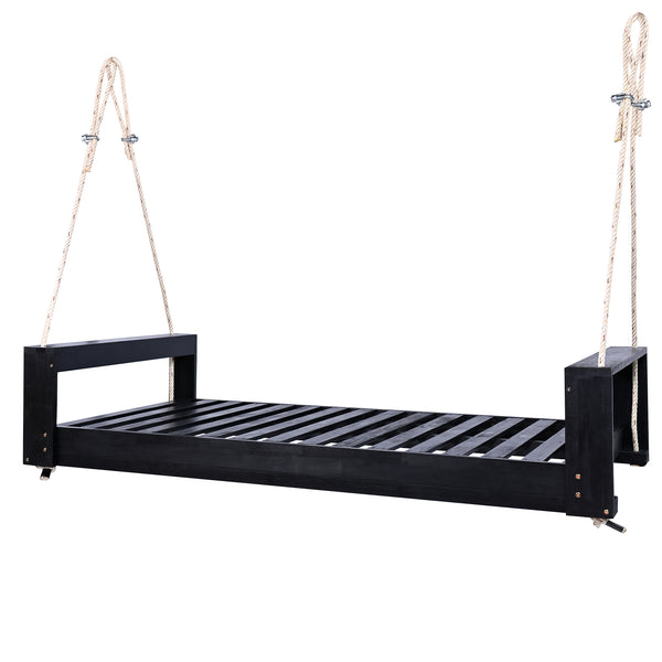 English Elm TOPMAX Twin Size Porch Swing Bed Crafted from Durable Acacia Wood with 400lb Capacity and Hemp Ropes Black N717P210135B