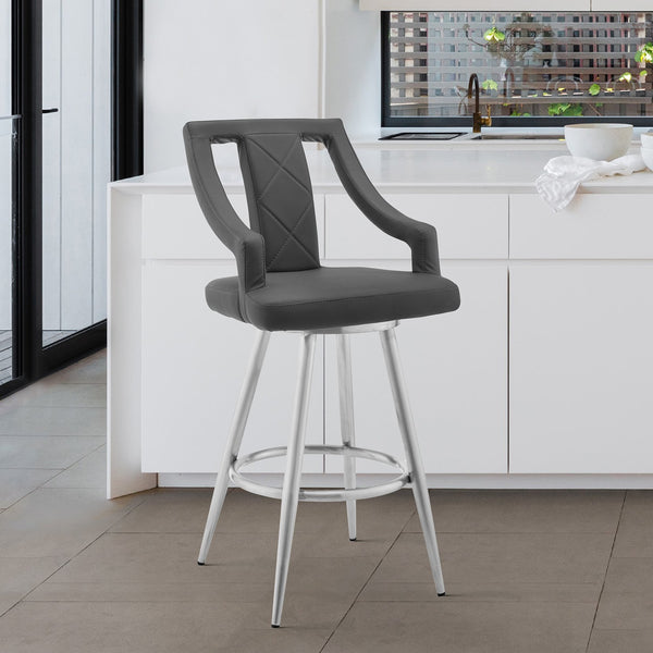 English Elm Norcia 30" Gray Faux Leather Swivel Bar Stool with Diamond Stitching, Thick Foam & Brushed Steel Frame B2736P268573