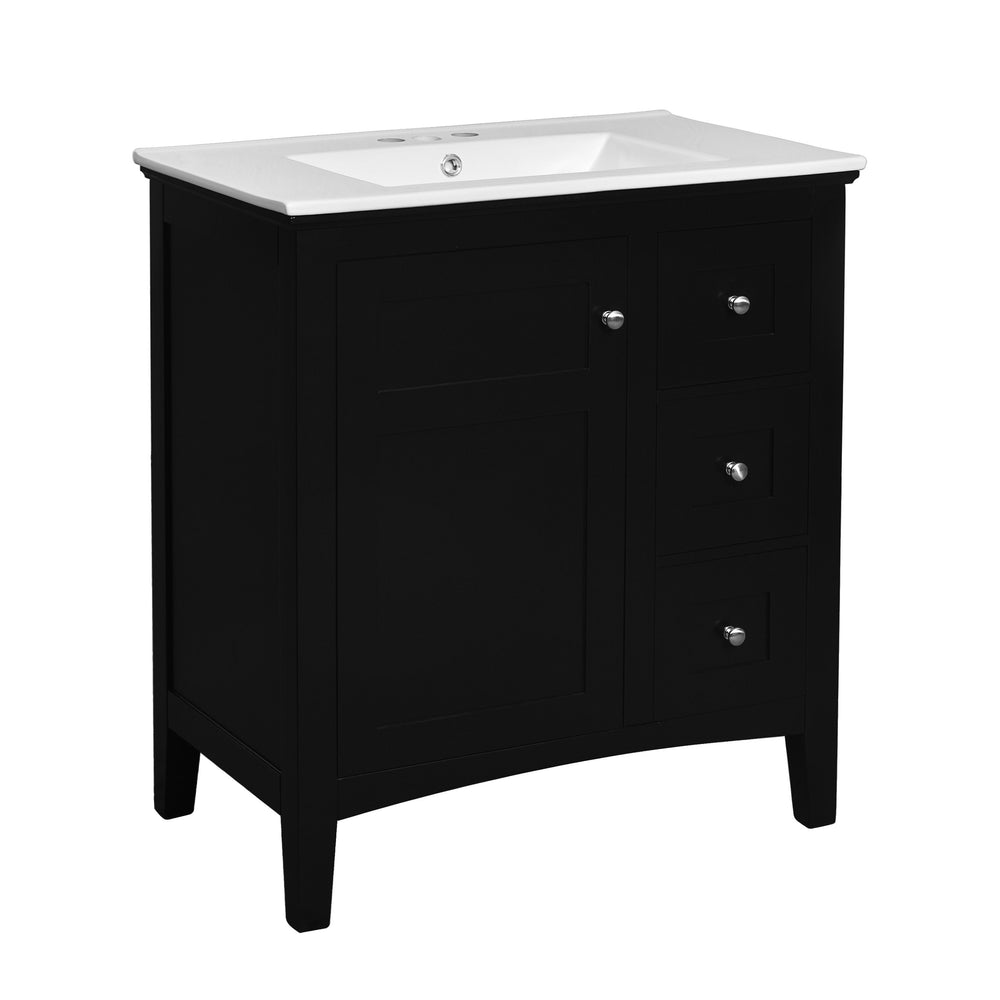 English Elm 30 Inch Bathroom Vanity with Ceramic Sink and 3 Smooth-Glide Drawers, Modern Moisture-Resistant Storage Black N710P252105B