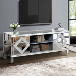 English Elm Mirrored Tv Stand For 65"+ Tvs - Antique Silver Console With Open Storage & Stylish Diamond Doors W1445P204027