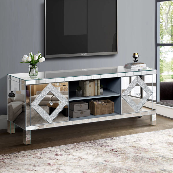 English Elm Mirrored Tv Stand For 65"+ Tvs - Antique Silver Console With Open Storage & Stylish Diamond Doors W1445P204027