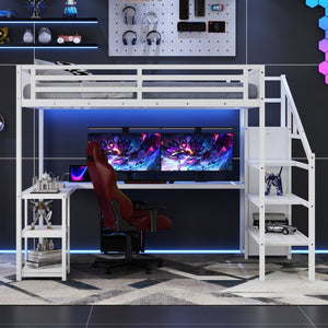 English Elm Metal Queen Loft Bed with Wardrobe, LED Light, L-Shaped Desk and USB Ports for Space-Saving Rooms White 65.75 L x 17.52 W x 6.3 H W2593S00039