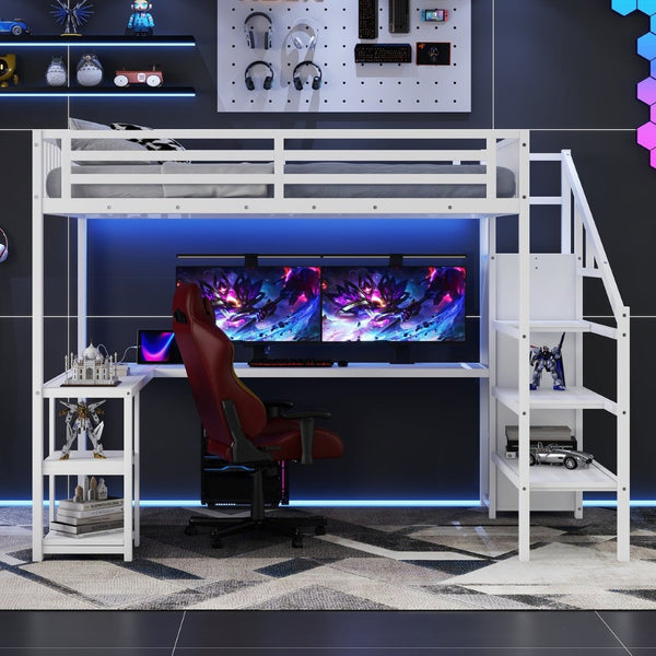 English Elm Metal Queen Loft Bed with L Shaped Desk Wardrobe Led Lighting and Usb for Teens W2593S00044