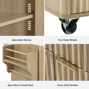 English Elm K&k Fluted Rolling Kitchen Island Faux Marble Top Power Outlet Storage Drawers Natural N707P353945Y