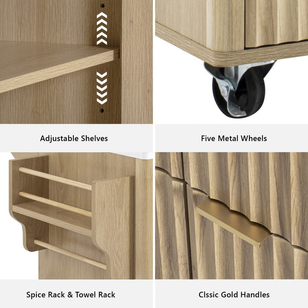 English Elm K&k Fluted Rolling Kitchen Island Faux Marble Top Power Outlet Storage Drawers Natural N707P353945Y