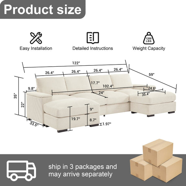 English Elm 122"l Corduroy Sectional with Dual Ottomans Modular U-shape Sofa for Modern Living Beige W1669S00020