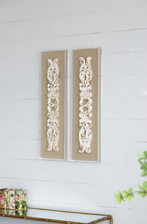 English Elm S/2 Carved Scroll Wood Wall Plaques Antique White Sculptural Relief Art for Entryway W2078P313341