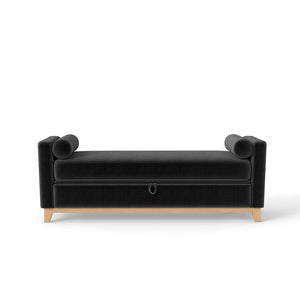 English Elm 66 Inch Sherpa Upholstered Storage Bench with Fluted Wood Base and Bolster Pillows Black+Neutral W1658P446125