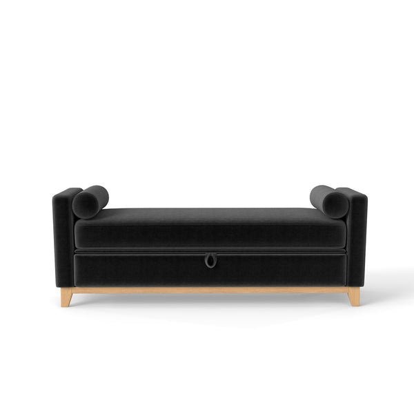 English Elm 66 Inch Sherpa Upholstered Storage Bench with Fluted Wood Base and Bolster Pillows Black+Neutral W1658P446125
