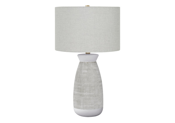 English Elm Lighting, 27"h ceramic table lamp with textured vase base, beige linen drum shade & gold finial Grey 17 L x 17 W x 19 H B2710P220141
