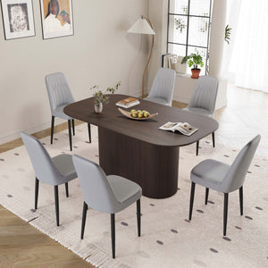 English Elm 63" Medieval-Modern Brown Mdf Dining Table & 6 Pu Chairs Set With Black Metal Legs For Home Elegance W2189S00706