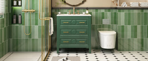 English Elm 30'' Bathroom Vanity with Ceramic Sink, Solid Wood Frame Retro Style Vanity with 3 Drawers & Gold Handles Green N710P246209F