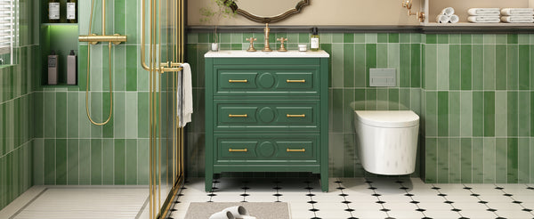 English Elm 30'' Bathroom Vanity with Ceramic Sink, Solid Wood Frame Retro Style Vanity with 3 Drawers & Gold Handles Green N710P246209F