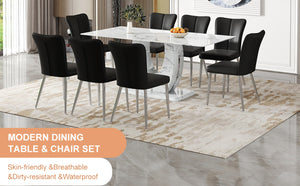 English Elm Table Modern Marble Pattern Dining Set - 71"X35.4" Tempered Glass Table With 8 Stylish Black Chairs W1151S02126-GIGA