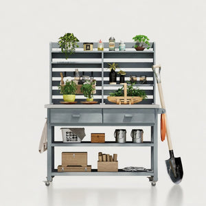 English Elm K&K 64.9" Outdoor Potting Bench with 1.2" Stainless Steel Top, Lockable Wheels, Hutch & Drawers Grey+Blue N707P228274G