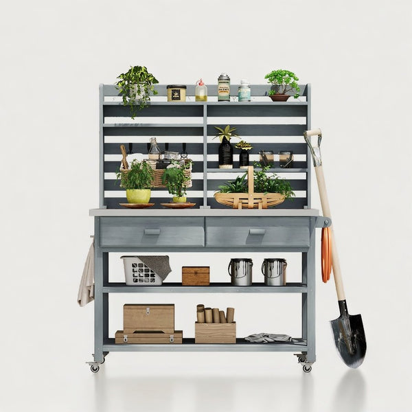 English Elm K&K 64.9" Outdoor Potting Bench with 1.2" Stainless Steel Top, Lockable Wheels, Hutch & Drawers Grey+Blue N707P228274G