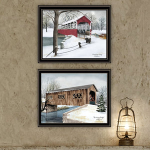 English Elm Trendy Decor 4u Winter Covered Bridge 2 Piece Framed Folk Art Print Set B067P254122