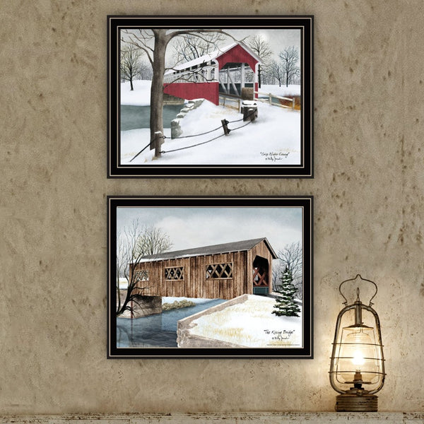 English Elm Trendy Decor 4u Winter Covered Bridge 2 Piece Framed Folk Art Print Set B067P254122