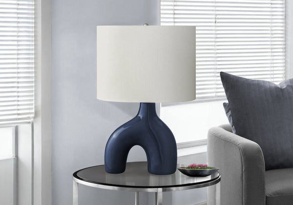 English Elm Lighting, Cobalt Ceramic Sculptural Table Lamp with Ivory Drum Shade for Modern Decor B2710P461826