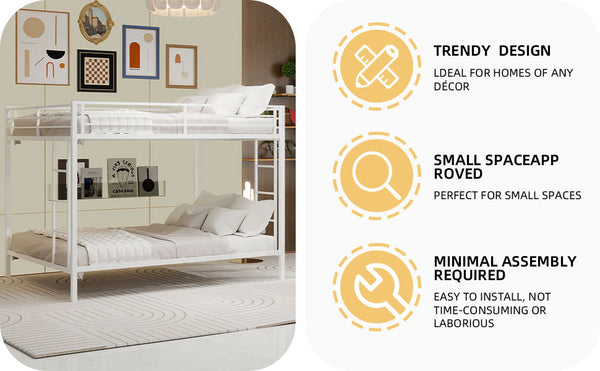 English Elm Multi-Functional Square Tube Iron Bunk Bed with Dual Ladders, Sturdy Space-Saving Frame for Rooms White W1935P360920