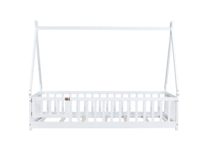 English Elm Twin Teepee Floor Bed With Guardrails - Whimsical White Design For Cozy Child'S Room Decor W504P345781-GIGA