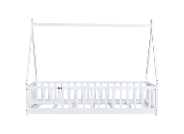 English Elm Twin Teepee Floor Bed With Guardrails - Whimsical White Design For Cozy Child'S Room Decor W504P345781-GIGA