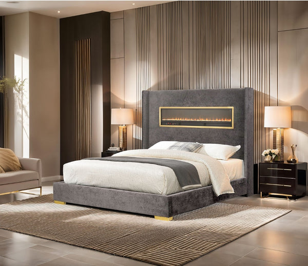English Elm Contemporary Queen Platform Bed Upholstered Fabric with Fireplace Headboard and Bluetooth Audio Gray,Multi B2741P439941