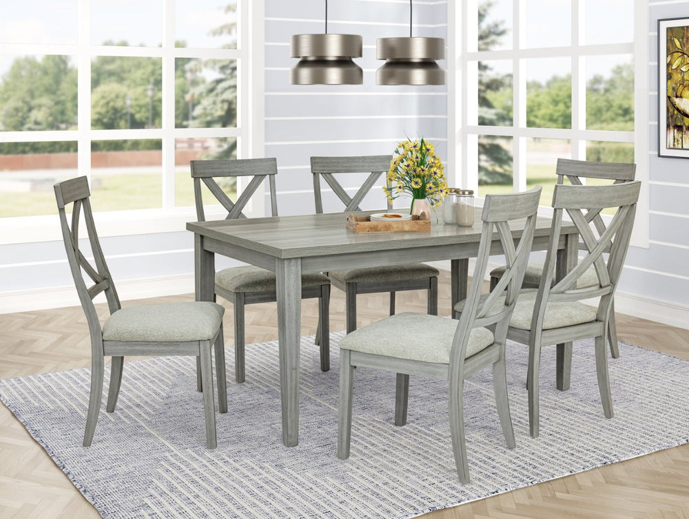 English Elm Beautiful Seven Piece Rectangular Wooden Dining Set with Upholstered Chairs Gray Finish B011S01594