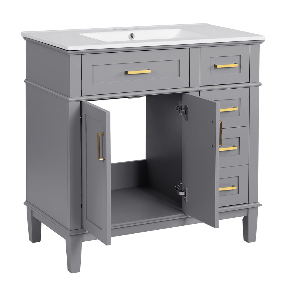English Elm 36" Gray Modern Bathroom Vanity with Ceramic Sink, Solid Wood Frame, Soft-Close Doors & 4 Drawers N729P253935E