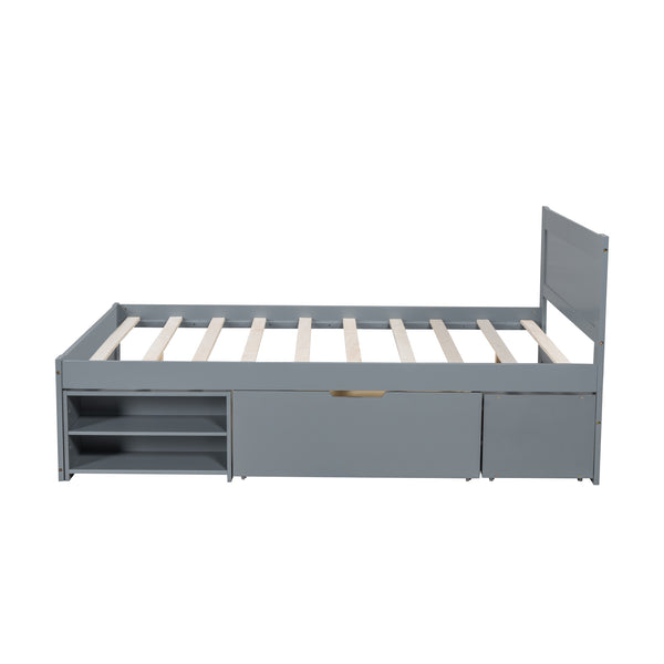 English Elm Full Size Platform Bed with Storage Drawers & Shelves, Gray MDF Construction, 400lb Capacity, Sturdy Design N709P214183E