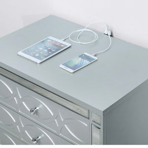 English Elm Menlo Silver Metallic 2-Drawer Nightstand with Mirrored Trim, Crystal Knobs, Felt Lined Drawer & USB Ports B062P378587