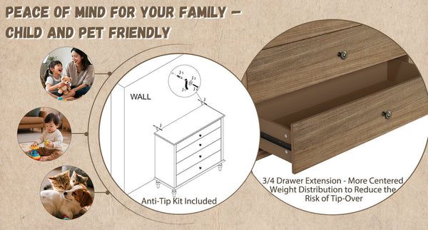 English Elm Large Antique Style 4-drawer Chest with Crown Molding Roman Legs Bedroom Storage Natural & Light Brown,Rustic Brown W1445P422421