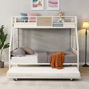 English Elm Twin Over Full Metal Bunk Bed with Trundle, Space-Saving Platform, Built-In Storage & Guardrail Brown+White 80.51 L x 13.98 W x 8.34 H W2297P216479