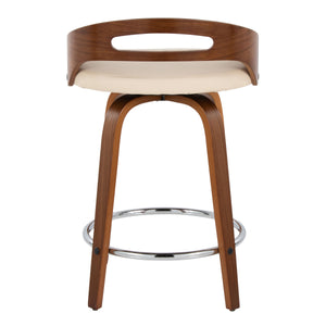 English Elm Cassis 24" Mid-Century Modern Counter Stool Set Of 2 With Swivel Cream Faux Leather & Walnut Wood B202S00014