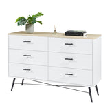 English Elm 6 Drawer Dresser For Bedroom With Deep Drawers, Wood Dressers & Chest Of Drawers, Modern White Long Dressers For Closet Living Room, 47.2"W X 15.7"D X 31.5"H, White & Oak