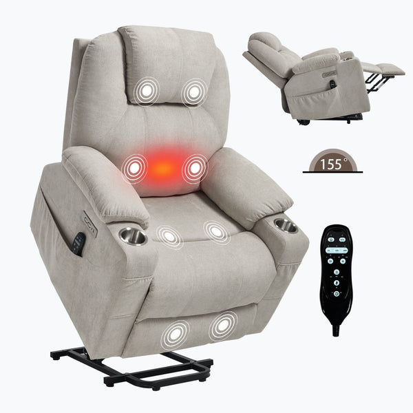 English Elm Up to 350 Lbs Chenille Power Lift Recliner with Massage Heating and Usb Charging Ports Beige W3224S00027