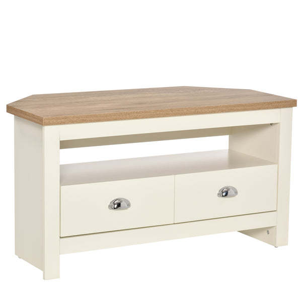 English Elm HOMCOM Corner TV Stand for TVs up to 50" — Trapezoid Corner Console with Drawers & Open Shelf, White W2225P217448