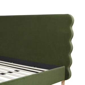 English Elm Stockholm Modern Wavy Headboard Platform Bed, King, Olive Green Performance Velvet