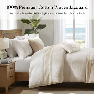 English Elm 3-piece King Yarn Dyed Cotton Duvet Set with Pompom Jacquard Stripe Percale Reverse B035P482899