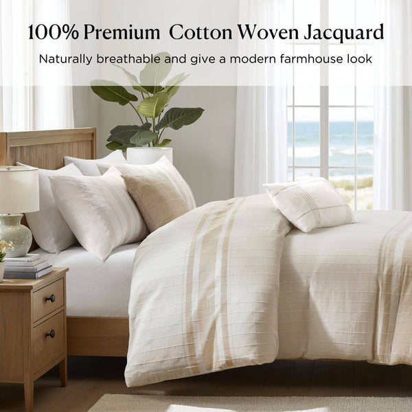 English Elm 3-piece King Yarn Dyed Cotton Duvet Set with Pompom Jacquard Stripe Percale Reverse B035P482899
