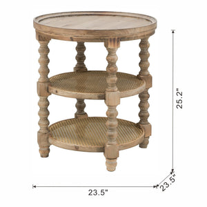English Elm D23.5 Round Three Tier Side Table Woven Rattan Shelves Fir Wood Farmhouse Brown W2078141934