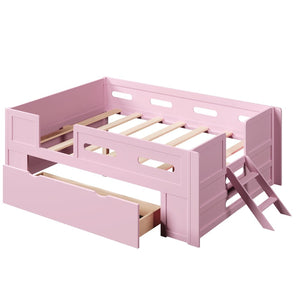 English Elm Wood Twin Platform Bed for Kids with Fence Guardrail and Under Storage Drawer Pink N709P385776H