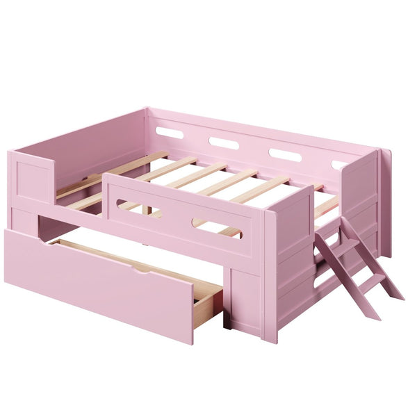 English Elm Wood Twin Platform Bed for Kids with Fence Guardrail and Under Storage Drawer Pink N709P385776H
