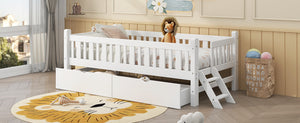 English Elm Wood Twin Platform Bed with Guardrail, Solid Pine Construction, 2 Underbed Drawers for Storage and Playroom Space White N709P242145K