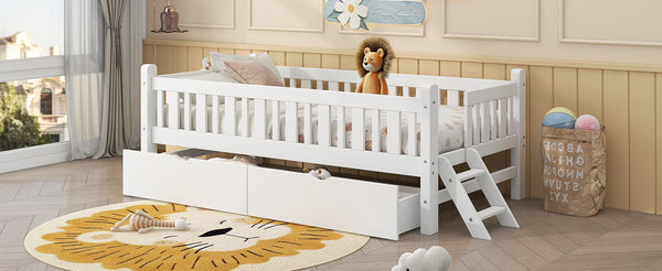English Elm Wood Twin Platform Bed with Guardrail, Solid Pine Construction, 2 Underbed Drawers for Storage and Playroom Space White N709P242145K
