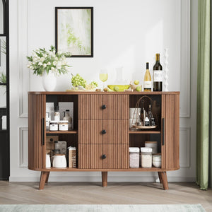 English Elm Sideboard Fluted Credenza with Three Drawers Two Doors Matte Black Modern Storage Walnut T3773P417317