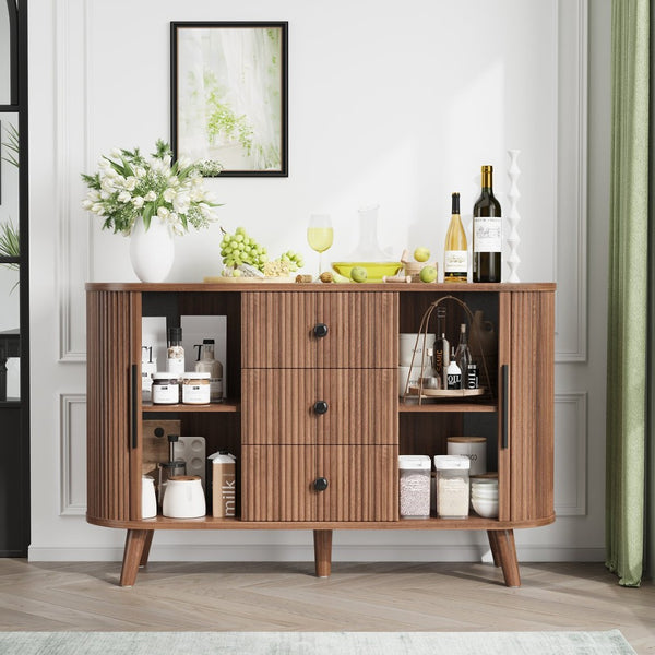 English Elm Sideboard Fluted Credenza with Three Drawers Two Doors Matte Black Modern Storage Walnut T3773P417317