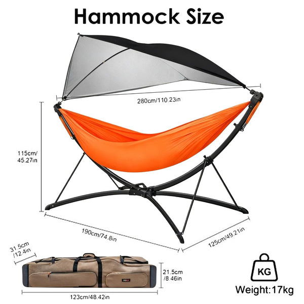 English Elm Portable Hammock with Quick Fold Stand Ripstop Nylon Sunshade 650 Lb Capacity Black W3457P379387