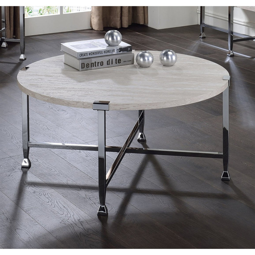 English Elm Round Coffee Table with White Oak Top and Chrome Frame Legs — Modern Minimalist Accent for Living Room B016P313026